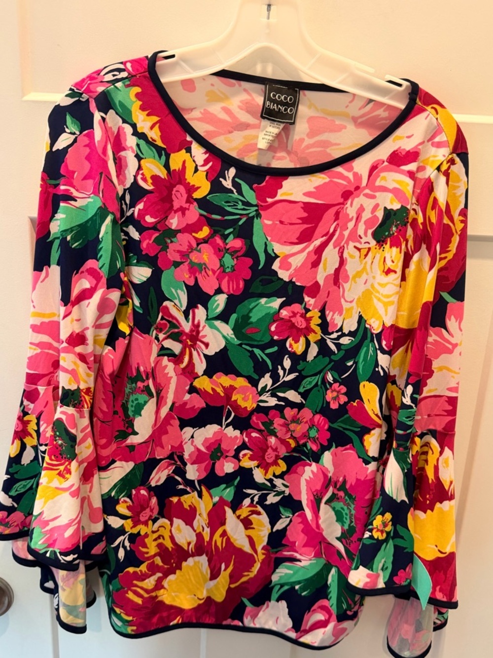 Floral Bell Sleeve Blouse Medium Navy Pink Yellow Stretch Top Spring Summer